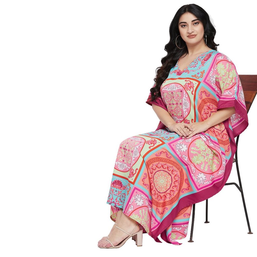 Plus Size Women Caftan Dress Pink Polyester Maxi Moo Moos Dresses for Party Wear - Picture 5 of 10
